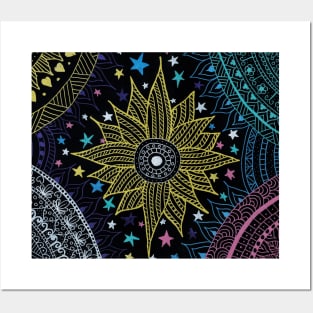 Cute Stars & Pretty Sun Mandala Doodles in a Magical Galaxy Posters and Art